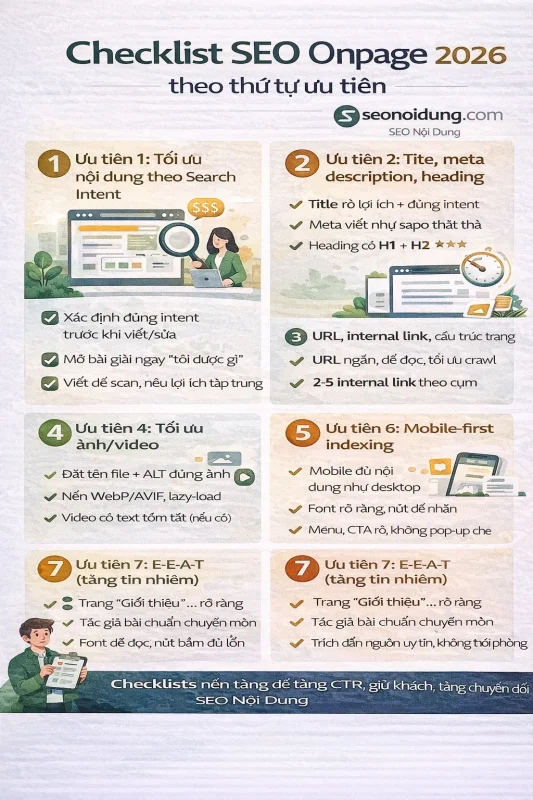 Checklist SEO Onpage 2026 theo thứ tự ưu tiên