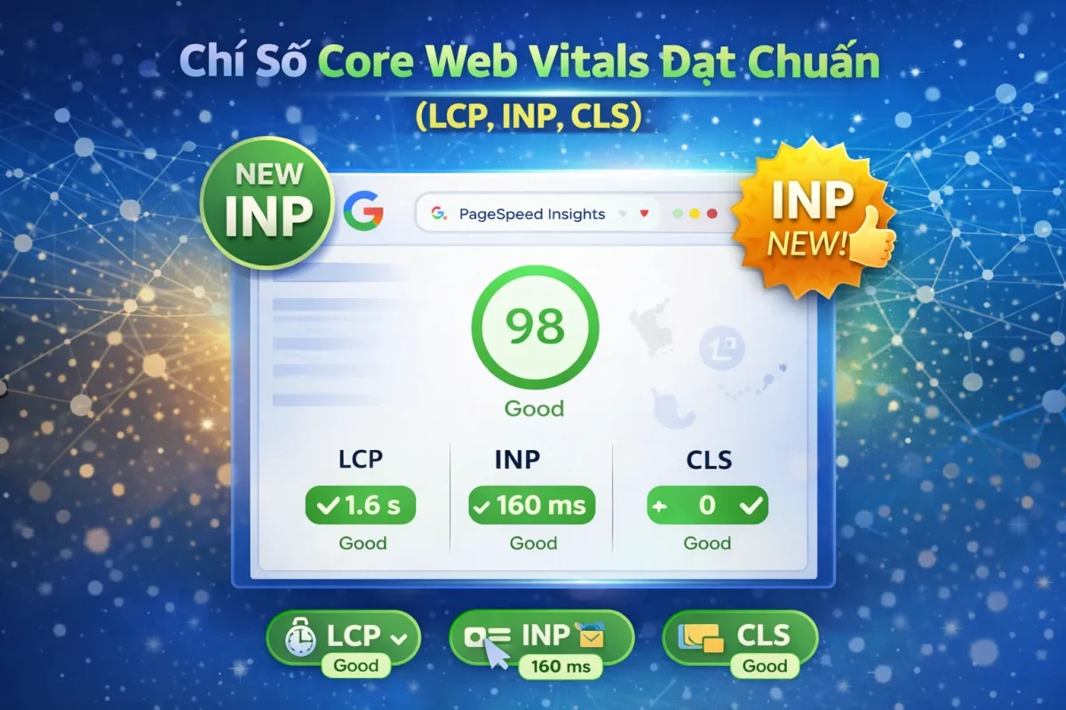 Anh chup man hinh diem so Google PageSpeed Insights tren mobile voi cac chi so Core Web Vitals LCP INP CLS dat chuan xanh.