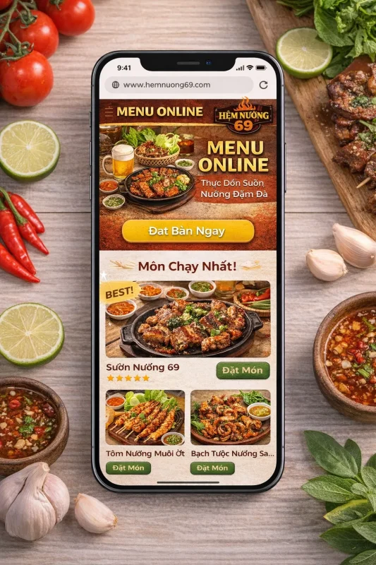 Giao diện website đặt bàn quán ăn Nha Trang trên điện thoại do Seonoidung.com thiết kế.