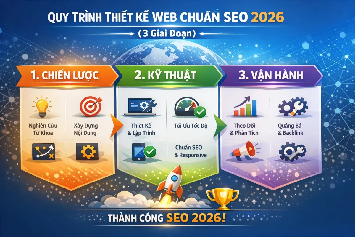 Infographic quy trinh 3 giai doan thiet ke website chuan SEO 2026 tu chien luoc den ky thuat.
