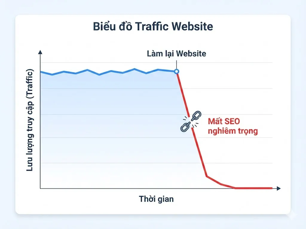Biểu đồ traffic lao dốc khi quên Redirect 301
