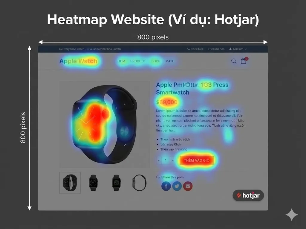 Ảnh chụp màn hình minh họa Heatmap (Hotjar) cho thấy người dùng click vào đâu